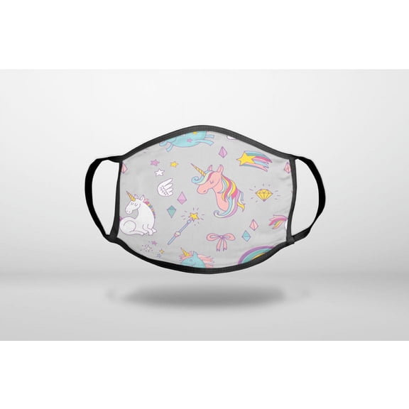 Unicorn Rainbow Wand Pattern - Grey - 3-Ply Reusable Soft Cloth Face Covering, Unisex, Cotton Inner Layer