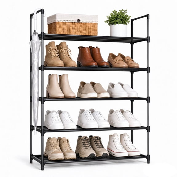 5‑Tier Metal Shoe Rack, Stackable Shoe Organizer, Holds 12‑16 Pairs, Space‑Saving Storage Shelf for Entryway and Closet, Black