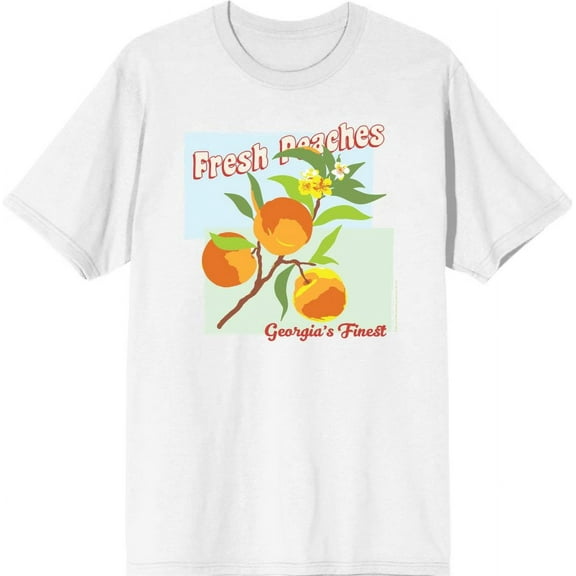 Natural World Fresh Peaches Georgia's Finest Men's White Crew Neck Short Sleeve Tee-Large