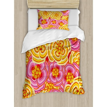 Bright Colored Bedding Sets Floral Duvet Cover Set, Funky Vibrant Colored Flower Burst Little Daisies Bouquet Abstract Artwork, Decorative Bedding Set with Pillow Shams, Yellow Pink Orange, by Ambesonne ()