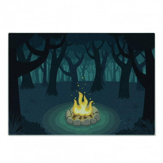 Happy Camper Cutting Board, Cartoon Illustration of Lonely Campfire in Woods at Night, Decorative Tempered Glass Cutting and Serving Board, in 3 Sizes, by Ambesonne