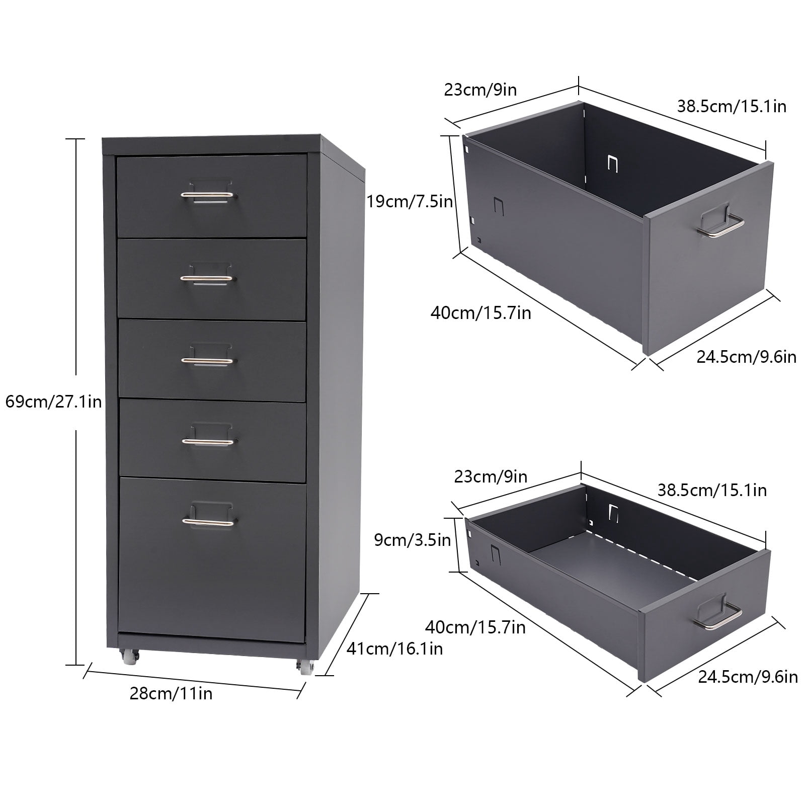 Miumaeov 5-Drawer Metal Storage Cabinet Movable File Cabinet with Wheels for Living Room Office Study  16" D x 11" W x 27" H