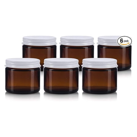 2 oz / 60 ml Amber Thick Glass Jar with White Metal Airtight Lid (6 pack)