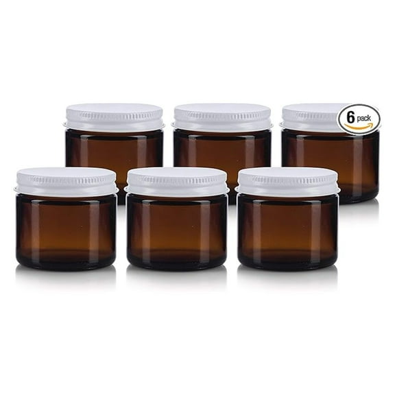 2 oz / 60 ml Amber Thick Glass Jar with White Metal Airtight Lid (6 pack)