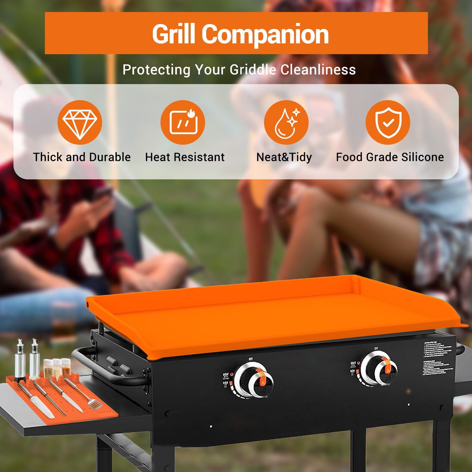 2-Pack Orange Silicone Griddle Cover & Accessories Set - 36 inch Griddle Mat and 16 inch Non-Stick Grill Protector -Thick, Reusable Food-Grade Silicone for Blackstone & Grills - Dirt & Rust Protectio