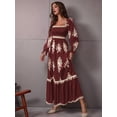 thumbnail image 6 of Women's Fall Wedding Guest Dresses Boho Floral Long Sleeve V Neck Flowy Elegant Maxi Dress Beach Clothes Wine Red M, 6 of 9