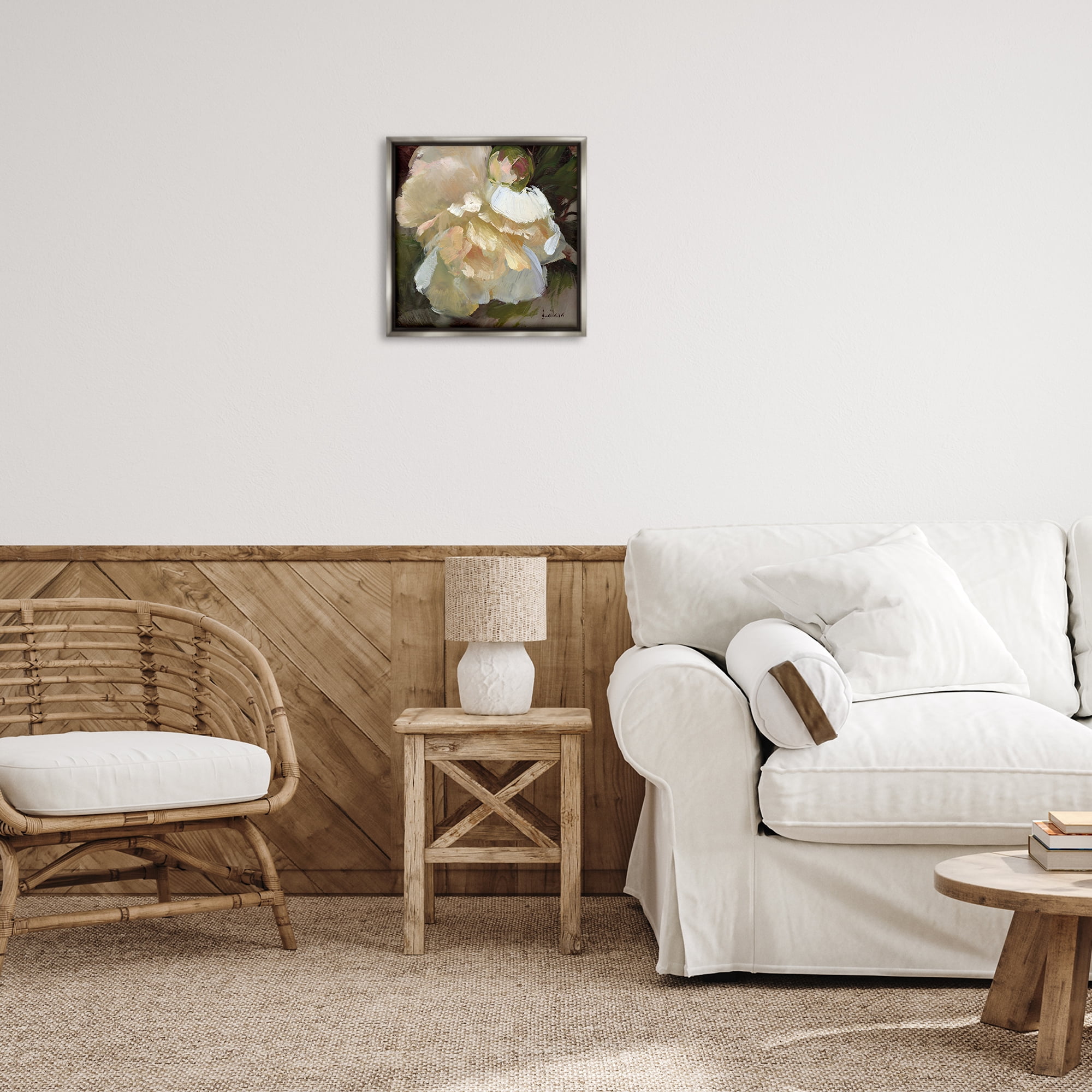 Stupell Industries Ruffled White Flower Plants & Flowers Painting Gray Floater Framed Canvas Art Print Wall Art, 18 x 18