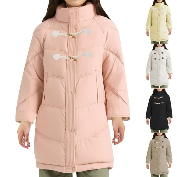 Olyvenn Long Quilted Jackets for Women Stand Collar Winter Warm Puffer Jackets Long Sleeve Casual Puffer Jacket White L