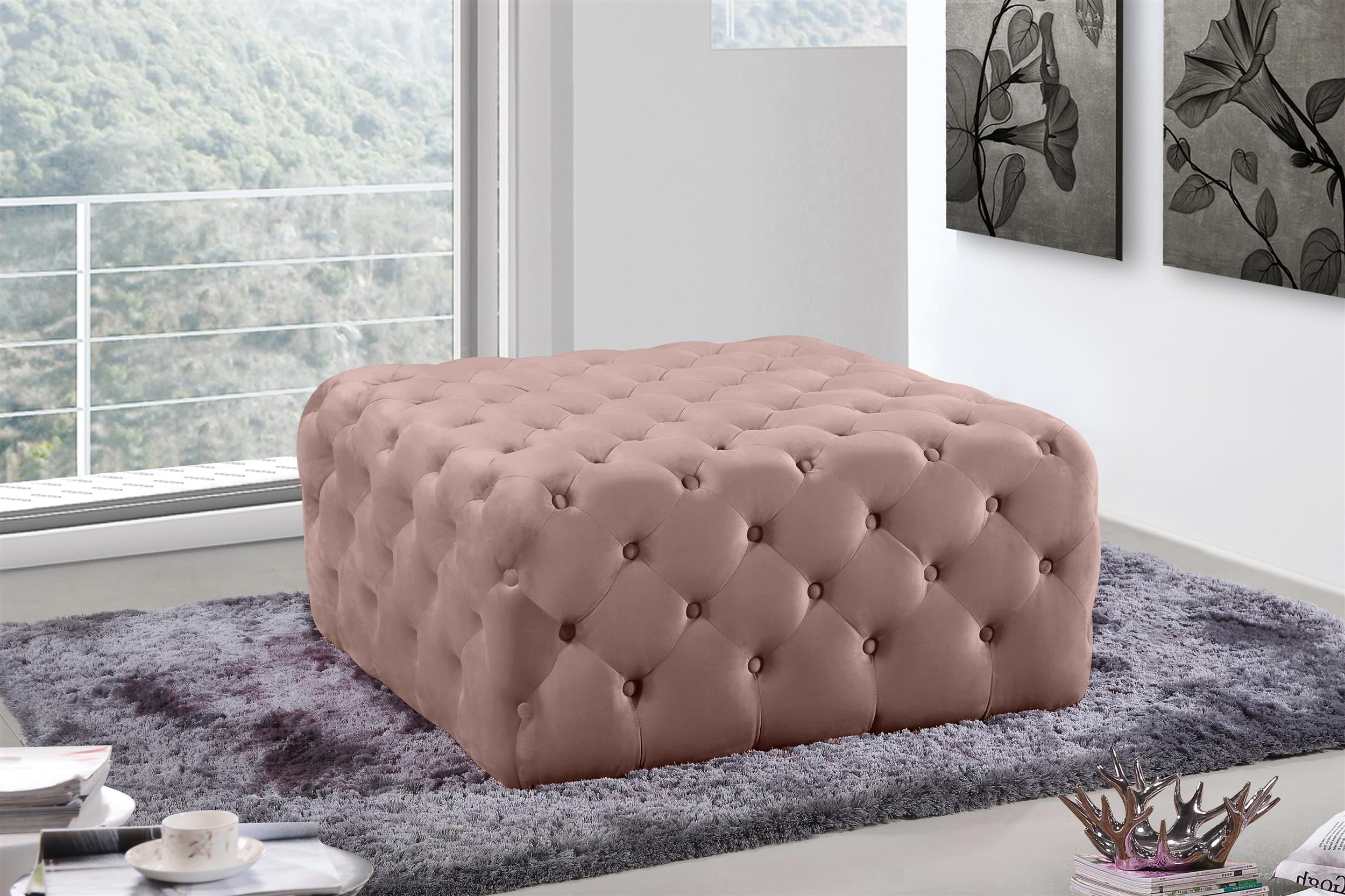 Meridian Furniture Ariel Button Tufted Pink Velvet Ottoman and Bench
