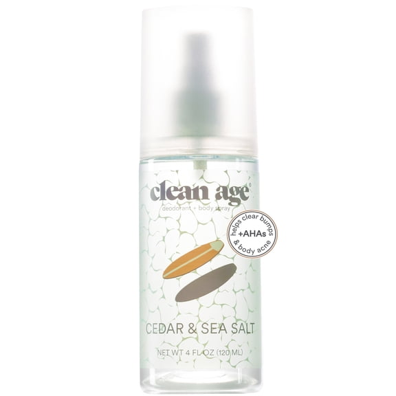 Clean Age Aluminum-Free Deodorant & Body Spray for Whole Body (4 oz) Cedar & Sea Salt Scent, Body Acne Spray
