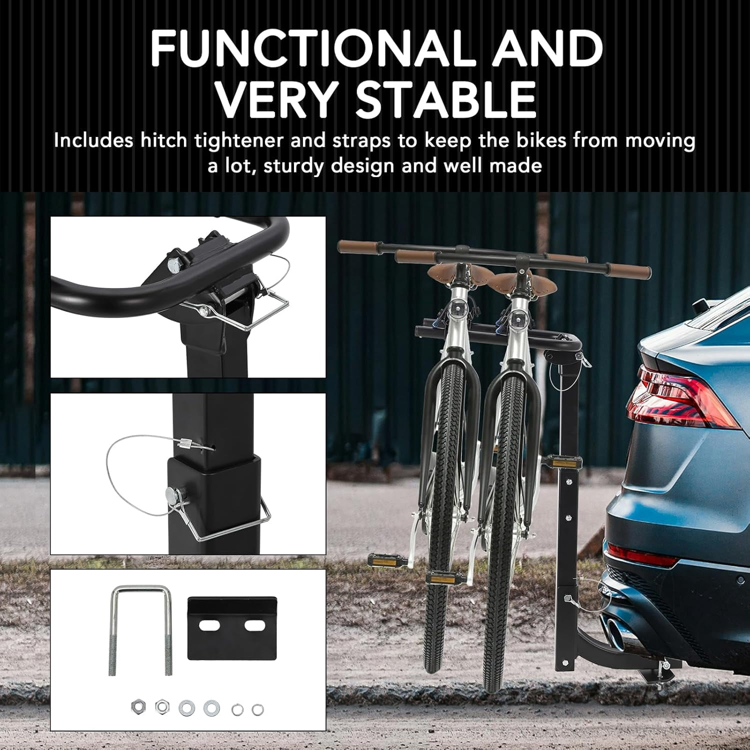 2-Bike Hitch-Mounted Bike Rack, Foldable Steel Frame Bicycle Car Rack with Anti-Rattle Hitch Tightener and Tie Straps, Bike Carrier Rack Hitch for SUVs, Trucks and More