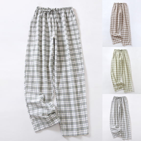 BRGZLK Pants Women Rawstring Pants Cotton Wide Leg Y2K Plaid Pajamas Pants Elastic High Waist Checkered Lounge Pj Pants Going Out Trousers