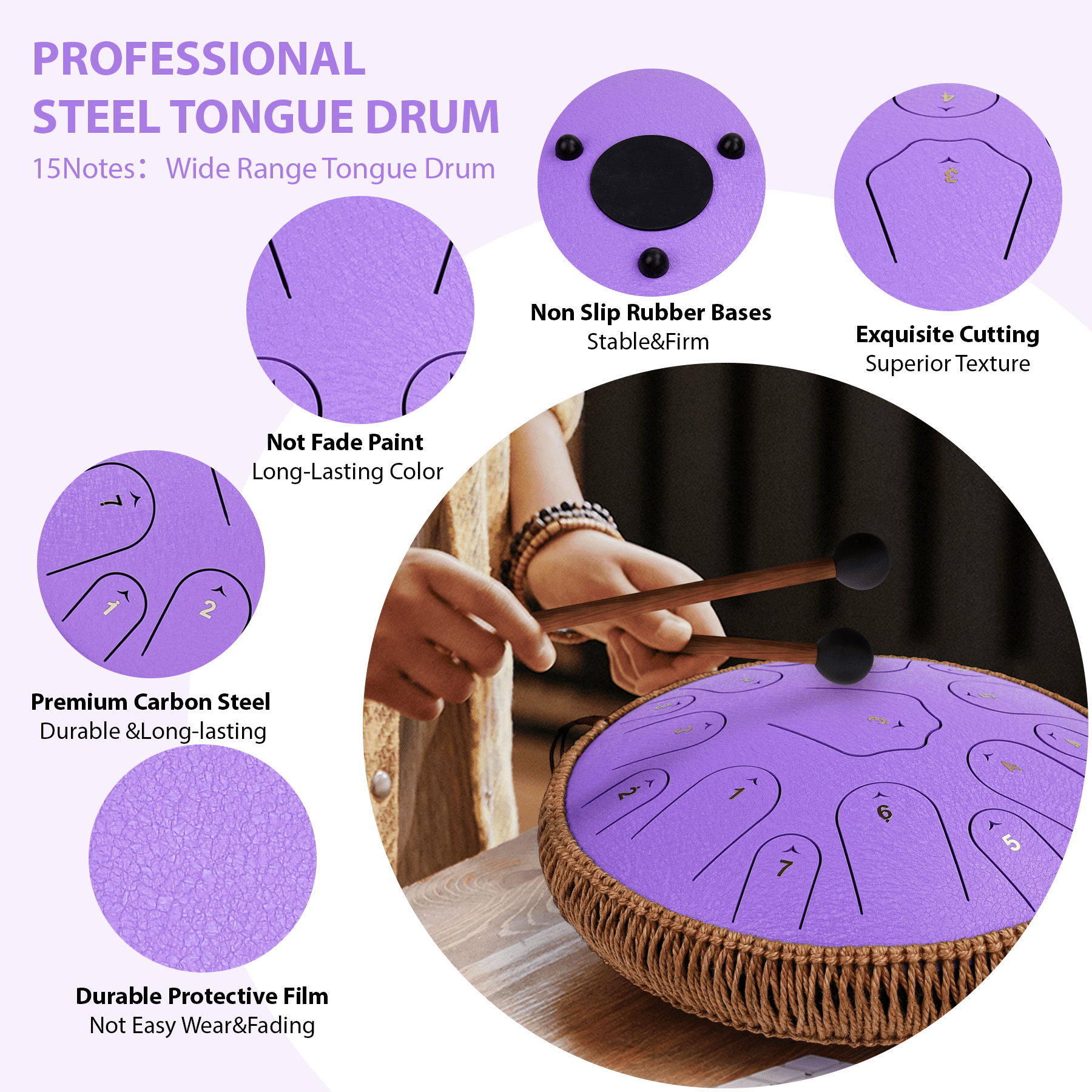 Steel Tongue Drum-14 Inch 15 Notes Tongue Drums, Steel Drum Instrument for Adults, Handpan Drums with Music Book, Handpan Drum Mallet, and Carry Bag, C Major (Purple)