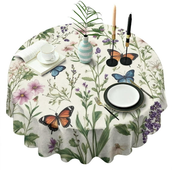 Pioneer Flower and Butterfly Round Tablecloth 60" X 60",Wrinkle Wipeable Table Cloth for Kitchen Dining Room Picnic Patio Party