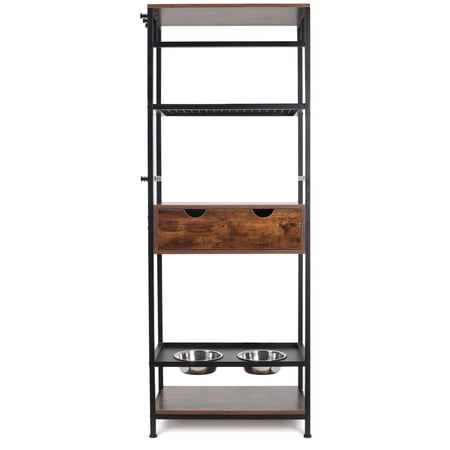 3 Height Adjustable Raised Dog Feeding Station with Storage Drawer & Shelves Vintage Wood Metal Elevated Dog Bowl Stand for Large Medium Dogs Cats