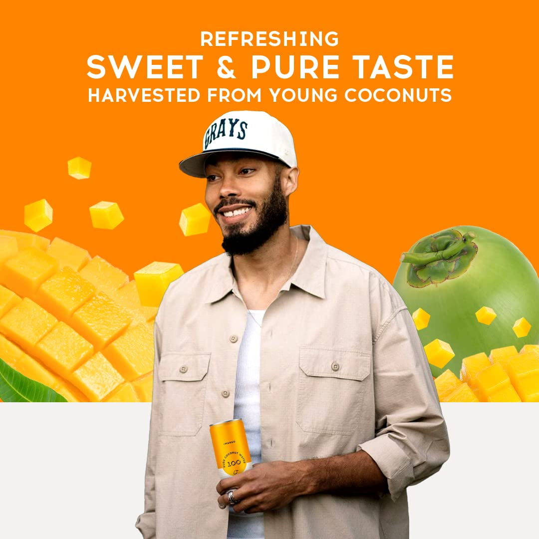 100 Coconuts Pure Coconut Water + Mango, Hydration, 11 fl oz Cans, 12 Pack, Liquids