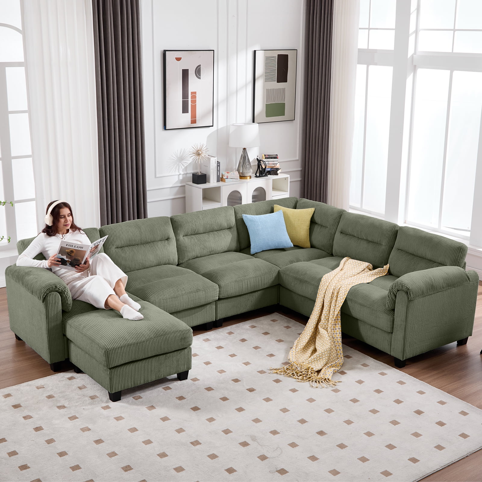 Bonzy Home Convertible Sectional Sofa Couch for Living Room With Ottoman Green