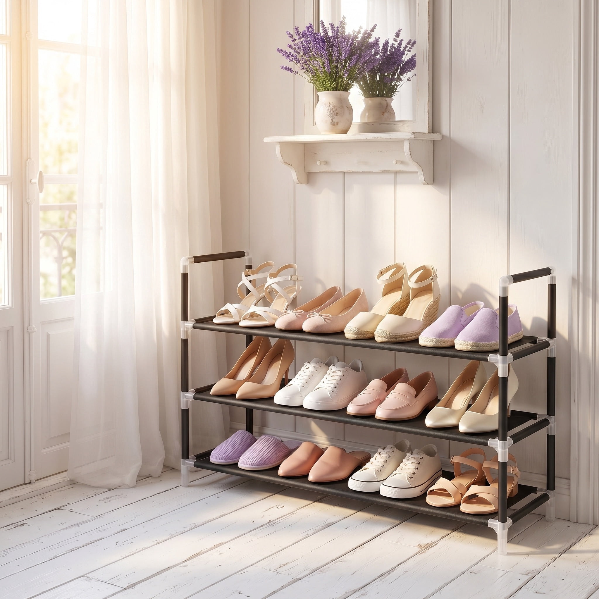 Nordic Hygge 3-Tier Slim Space-Saving Shoe Storage Organizer for Hallway, Closet, and Entryway, Durable Metal Frame with Non-Woven Fabric Shelves, Black