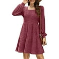 thumbnail image 2 of Lovskoo Women Long Sleeve Ribbed Knit Sweater Dress Fall Winter Cute Square Neck Casual Knit Ruffled Dresses Hot Pink, 2 of 8