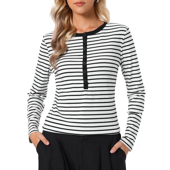 INSPIRE CHIC Striped Blouse for Women's Long Sleeve Round Neck Button Casual T-Shirts Top XS White