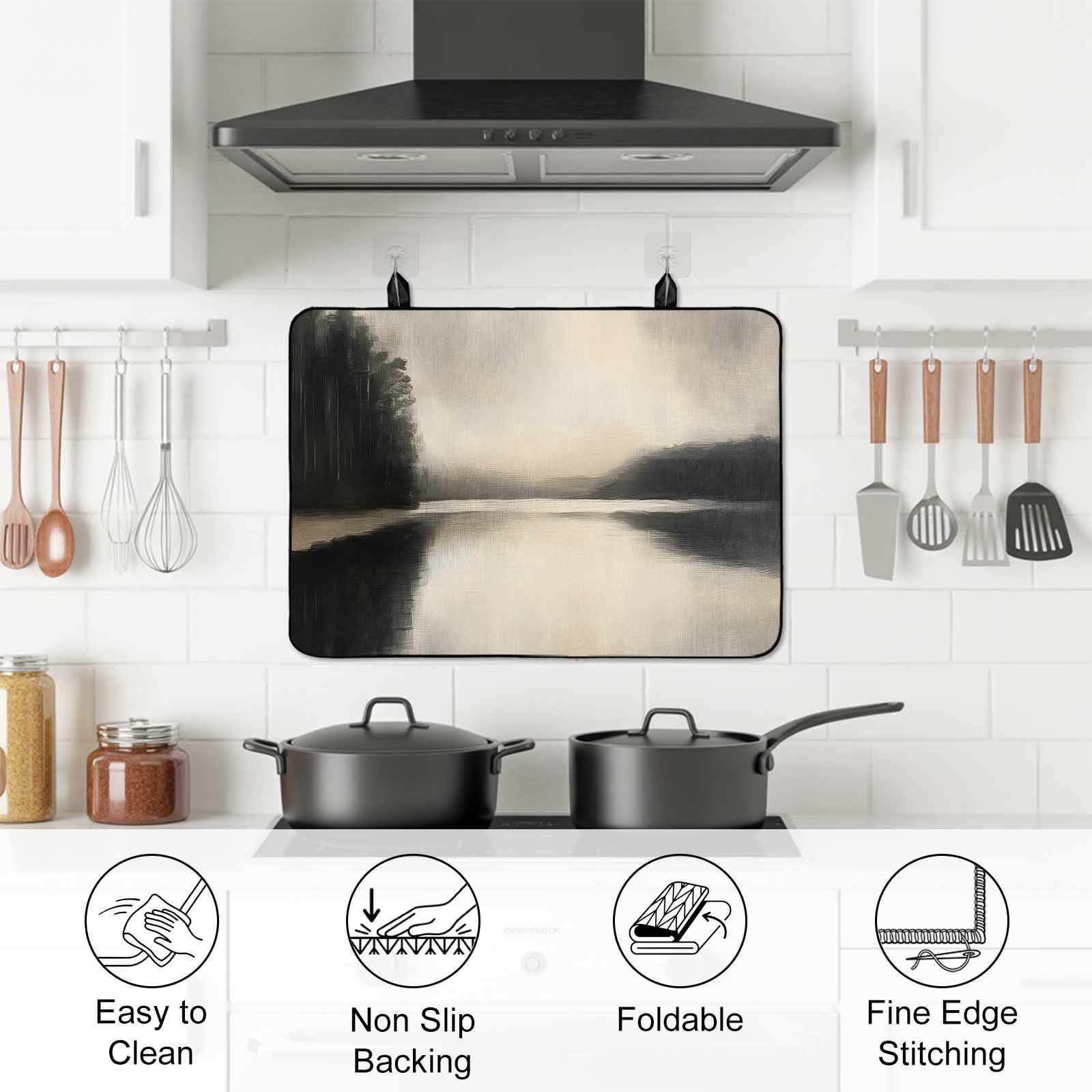 Black Beige Lake Stove Top Cover for Electric Stove, Heat-proof & Non Slip Glass Top Stove Cover Protector, Abstract Aesthetics Mysterious Kitchen Flat Cooktop Rubber Mat 24x21 Inches