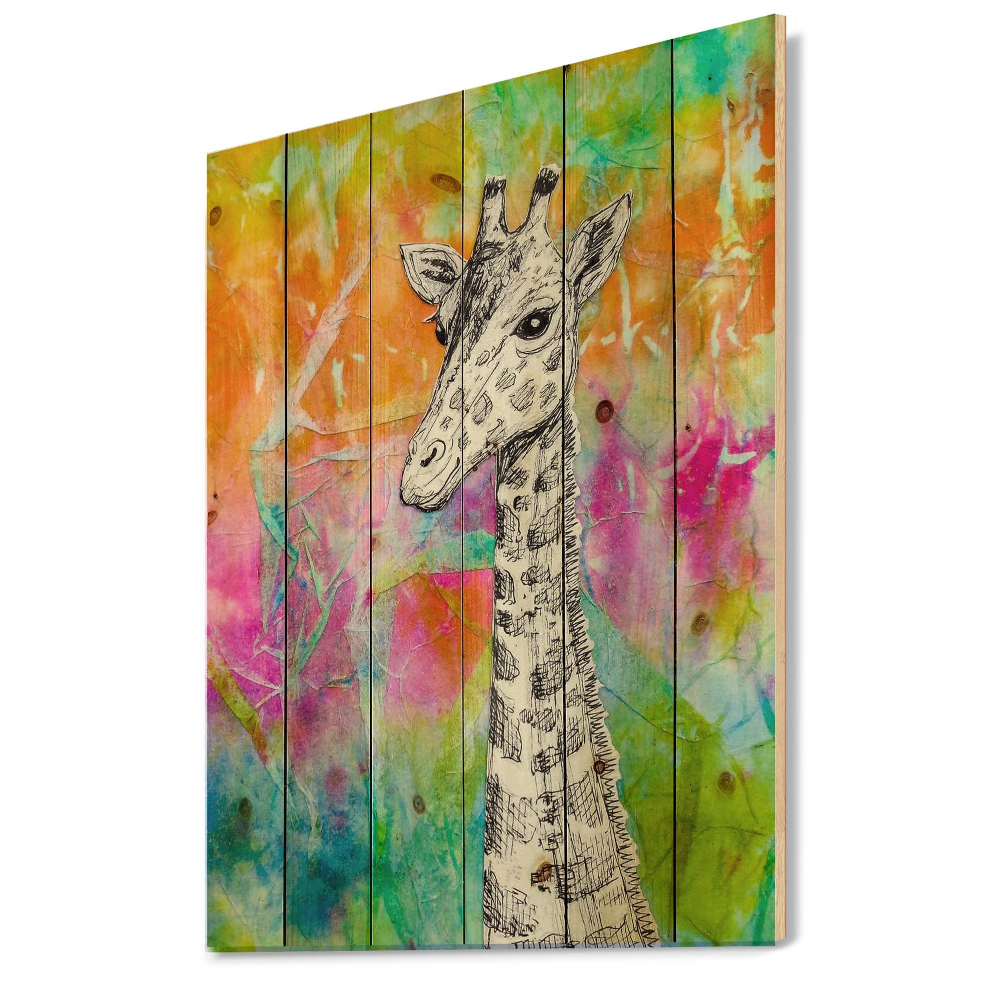 Designart 'Monochrome Giraffe Drawing On Bright Rainbow' Children's Art Print on Natural Pine Wood