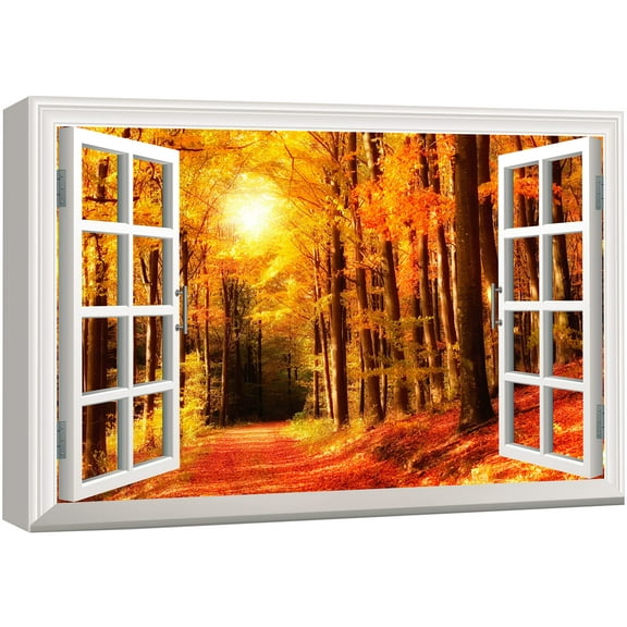 wall26 Canvas Print Wall Art Window View Landscape Glowing Red Autumn Forest Nature Wilderness Photography Modern Art Rustic Scenic Colorful Multicolor for Living Room, Bedroom, Office - 24"x36&