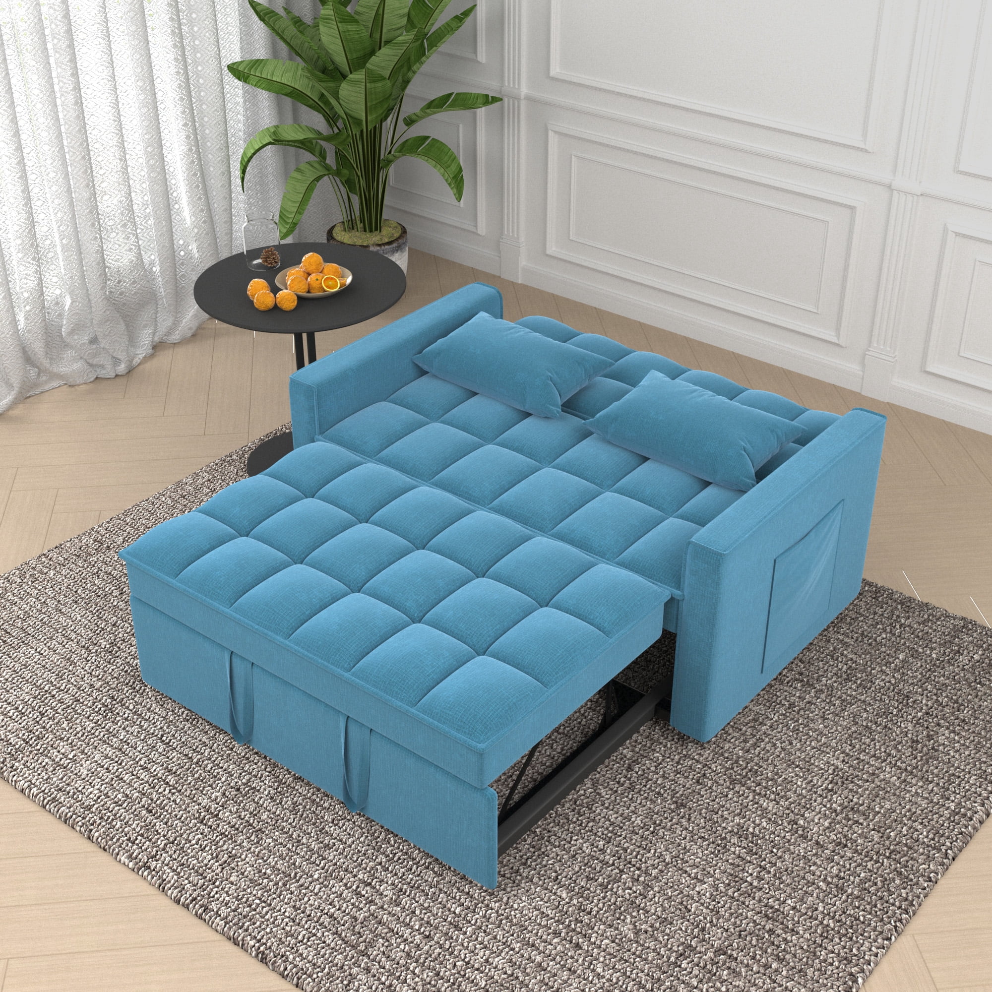3 in 1 Convertible Sofa Bed,Modern Linen Fabric Sleeper Sofa with Pull Out Bed,Loveseat Couch with Adjustable Backrest for Living Room,Light Blue
