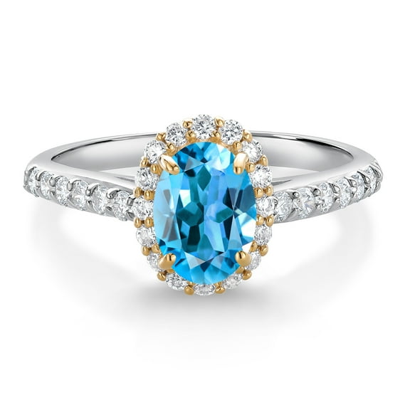 Gem Stone King 10K White Gold Swiss Blue Topaz Lab Grown Diamond Halo Engagement Ring for Women (1.31 Cttw, Oval 7X5MM, Gemstone November Birthstone, Size 5)