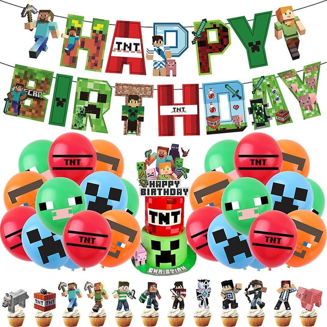 Juego de suministros para fiestas temáticas de Minecraft, globos, pancartas, adornos para tartas, juego de decoraciones