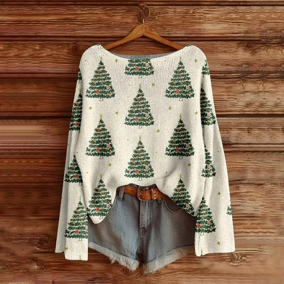 UQJfacai Women Christmas Oversized Sweaters Christmas Tree Graphic Long Sleeve Ribbed Knit Tops Fall Winter Crewneck Pullover Sweatshirts