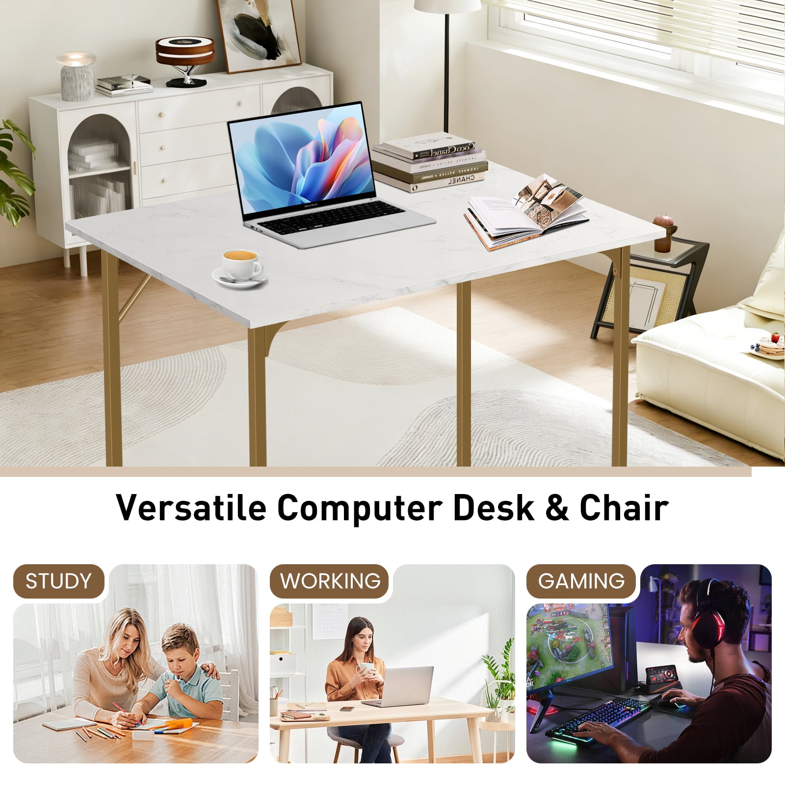 Dkelincs 32 inch Computer Desk and Chair Set Home Office Modern Wood Study Desk & Mesh Ergonomic Height Adjustable Office Chair for Small Spaces, Gold & Black