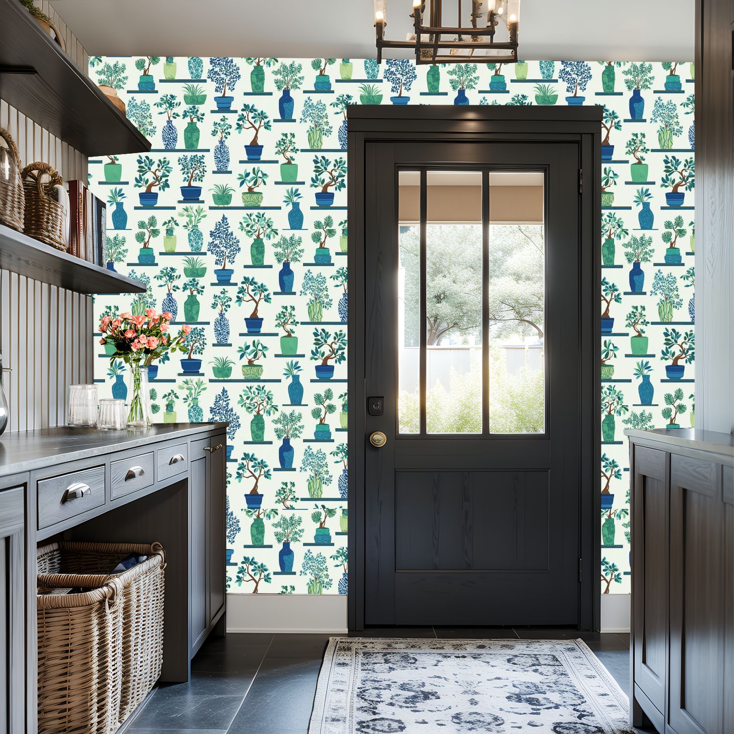 Peel and Stick Wallpaper 17.7in x 9.8ft Greenery Botanical Vases Stylized Plants Florals Contact Paper Vinyl Self-Adhesive Removable Wall Paper for Bedroom DIY Home Decor Renter Friendly