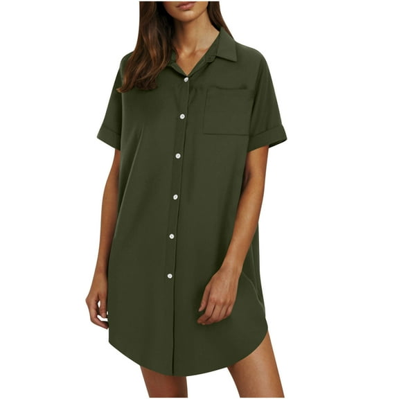 Womens Cotton Shirt Dress Summer Casual Short Sleeve Button With Collar Shirt Dress Olive Green