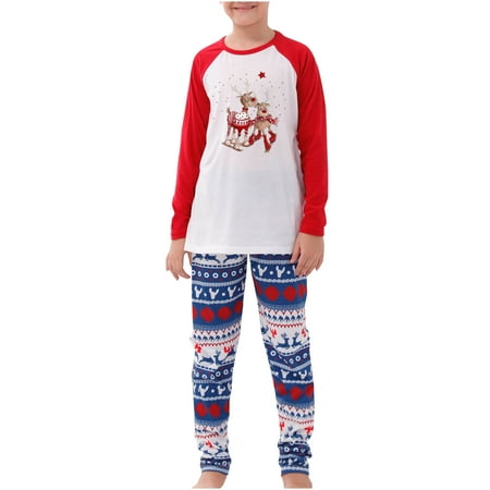 

Honeeladyy Parent-child Warm Christmas Set Printed Home Wear Pajamas Two-piece Kids Set Blue Clearance under 10$