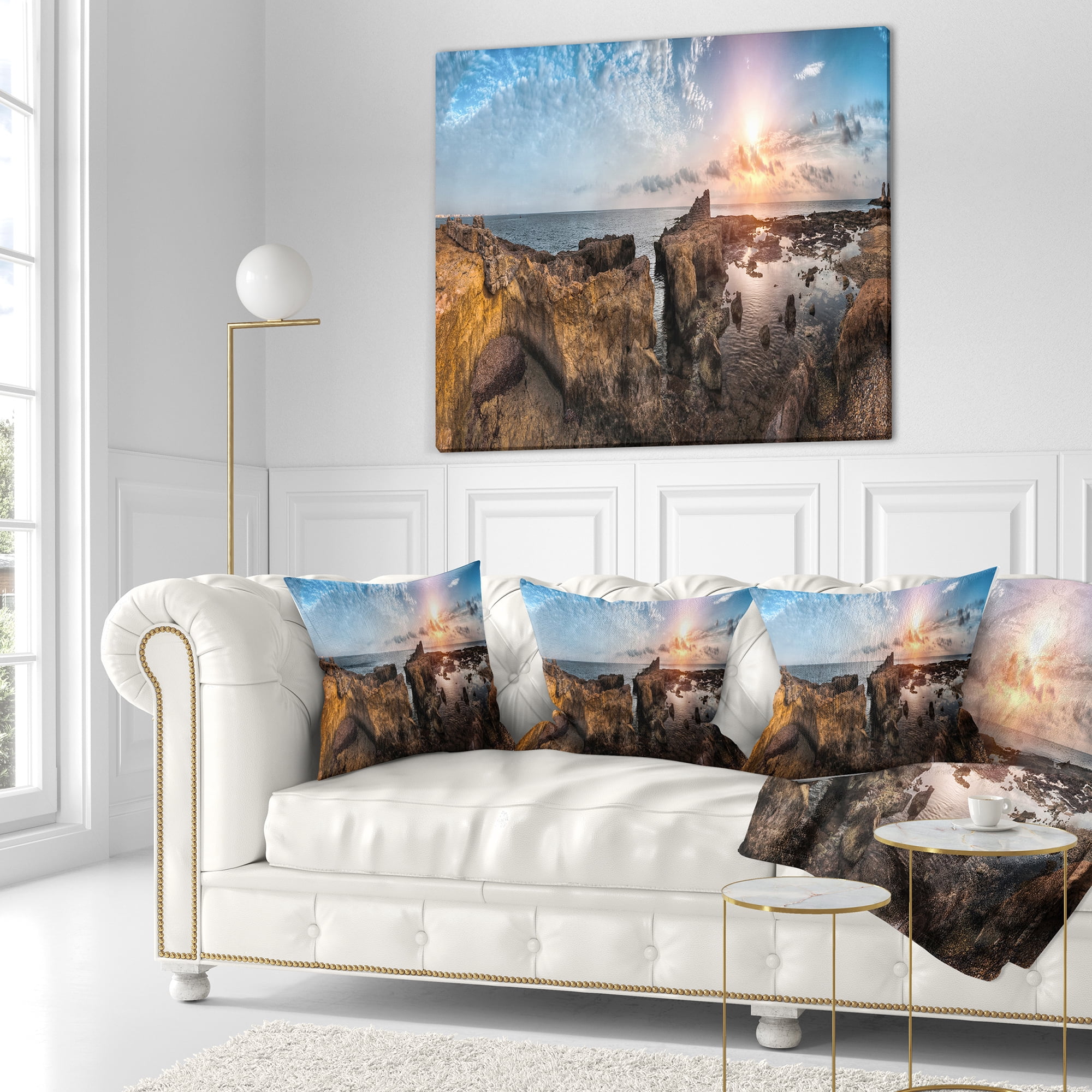 Designart Beach with Ancient Ruins Panorama - Landscape Printed Throw Pillow - 16x16