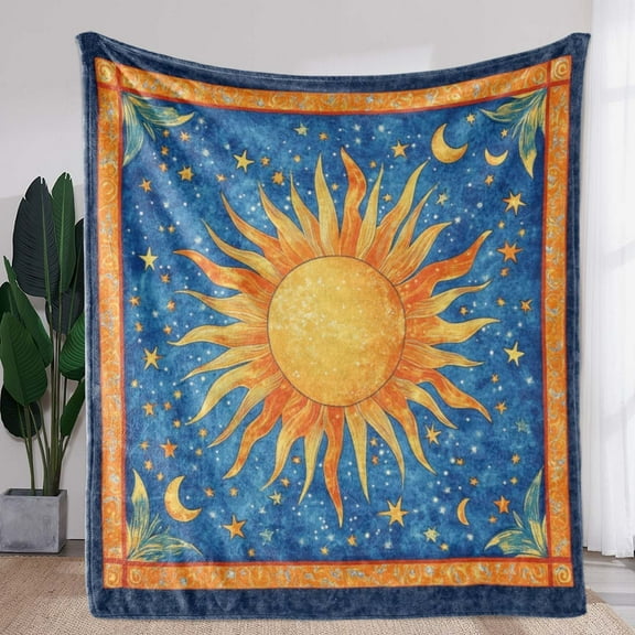 1pc Vintage Bohemian Sun and Moon Stars Print Flannel Blanket - Soft, Cozy, Warm Throw for Sofa, Bed, Office, Car, Camping, Travel