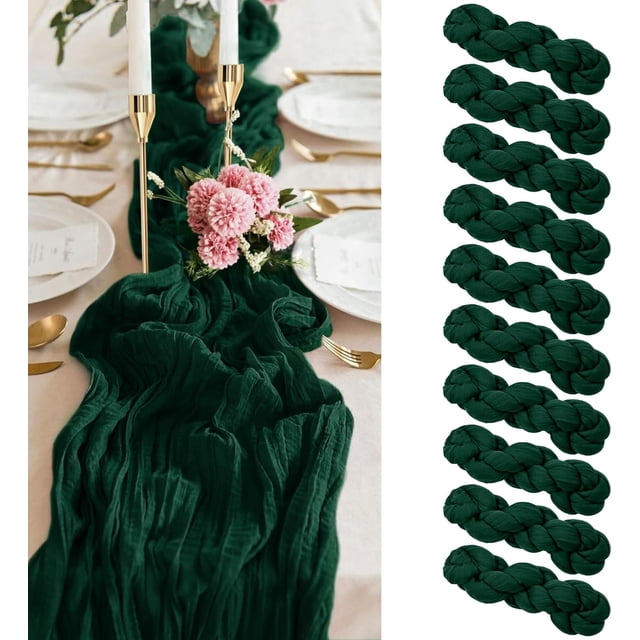 10 Pack Dark Green Cheesecloth Table Runner, 10FT Gauze Boho Rustic Tablecloth for Wedding Reception, Bridal Shower Holiday Party