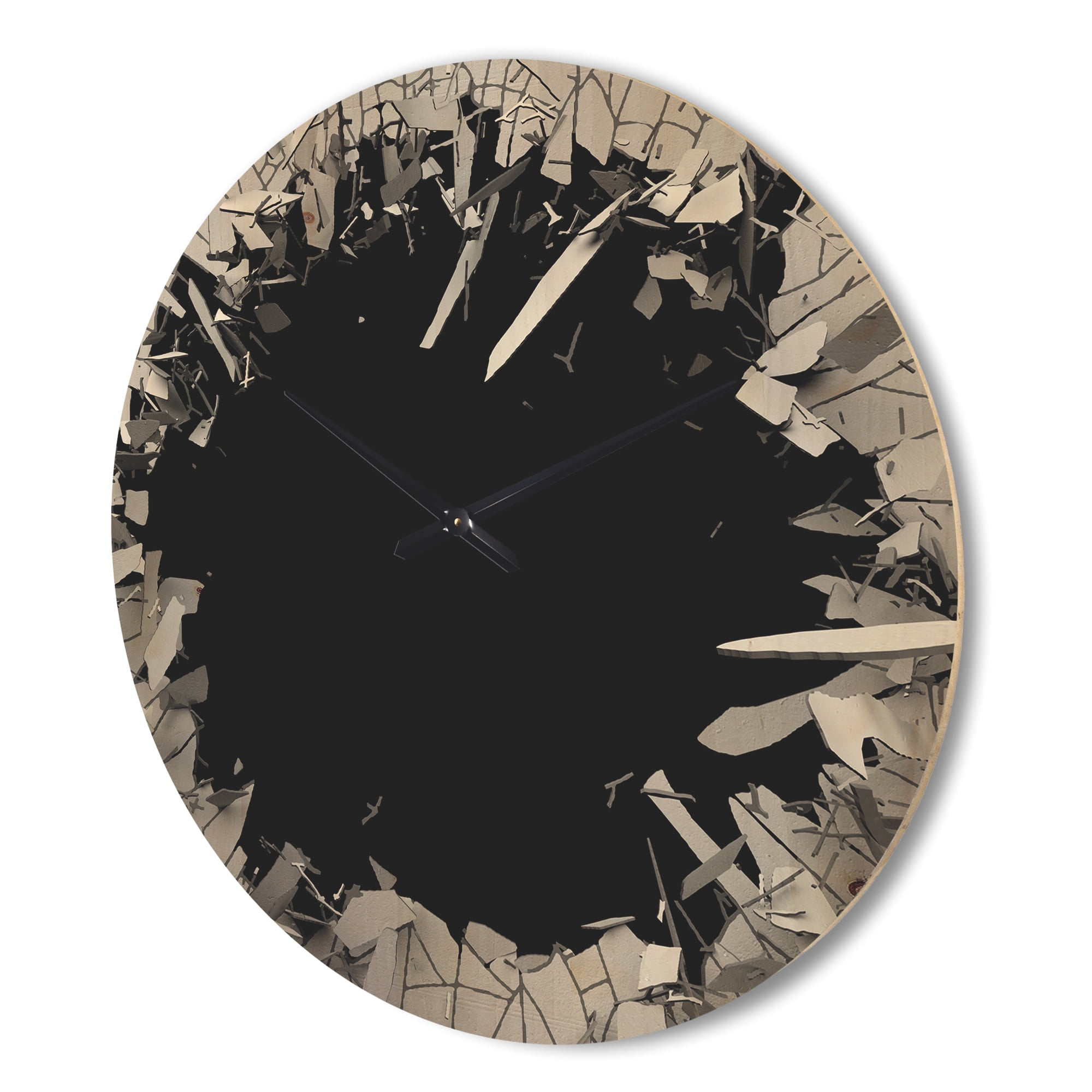 Designart 'Abstract Broken Wall 3D Design On Black' Modern Wood Wall Clock