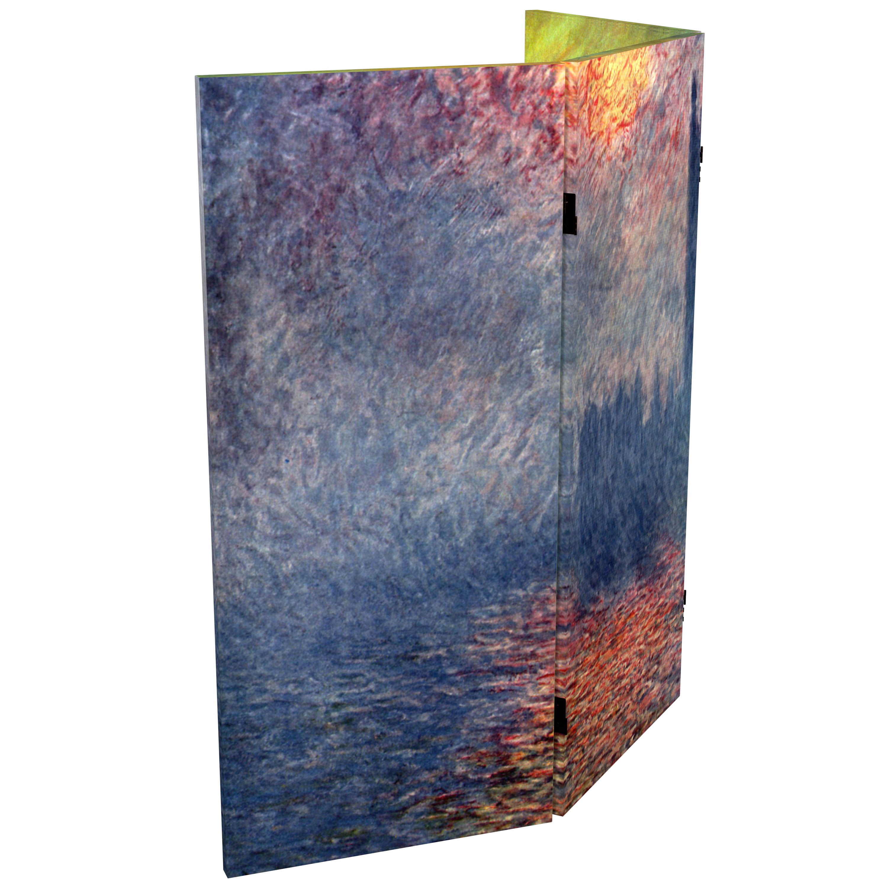 Red Lantern 3 ft. Short Monet Canvas Folding Screen - Impression Sunrise/Houses of Parliament