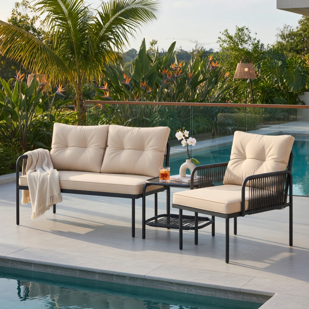 Hommoo 3-Piece L-Shaped Patio Furniture Set, PE Rattan Sectional Sofa with Beige Cushions, Tempered Glass Coffee Table, Outdoor Lounge Set for Deck, Balcony & Poolside, Beige