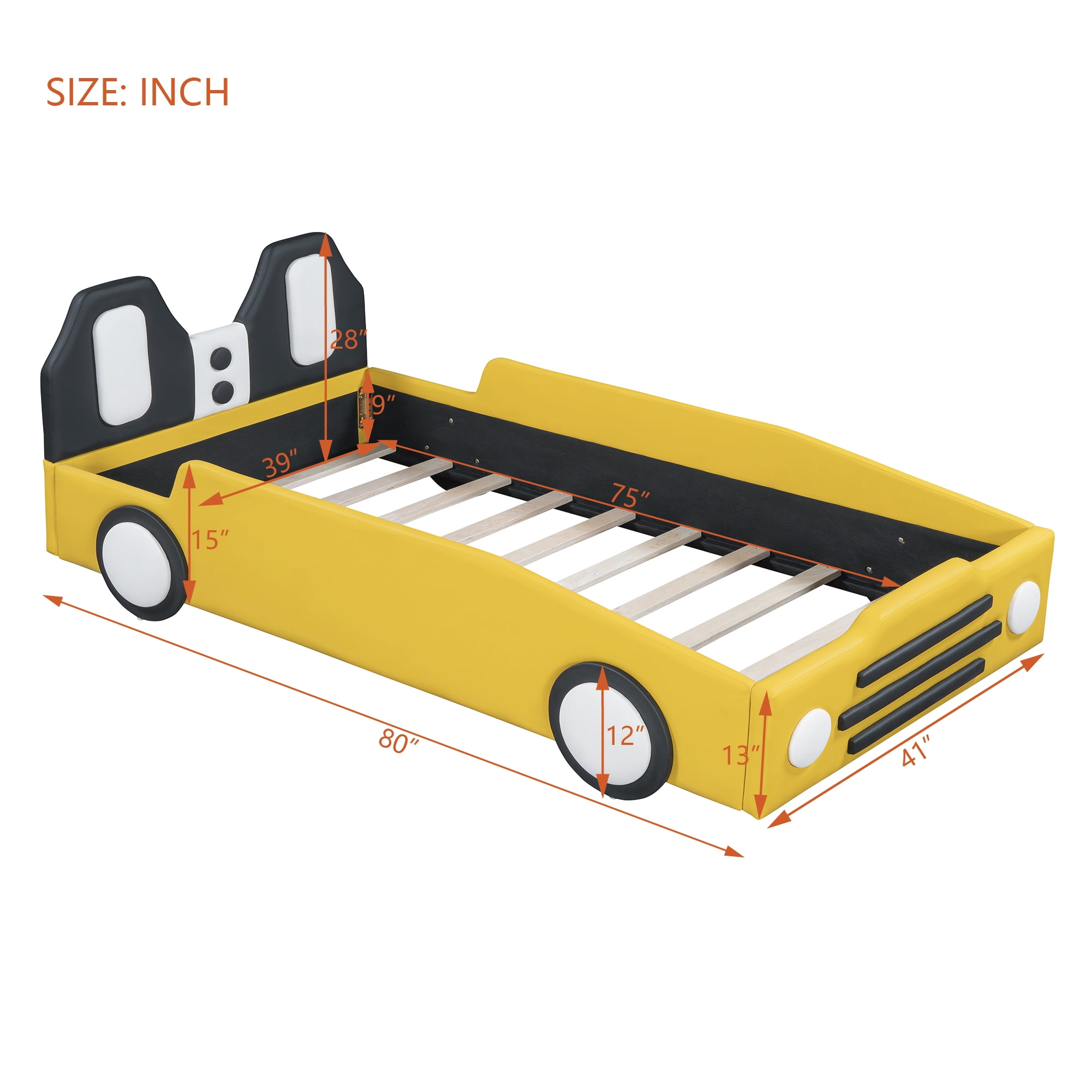 Bed Frame Twin Size Race Car-Shaped Platform Bed with Wheels,Yellow