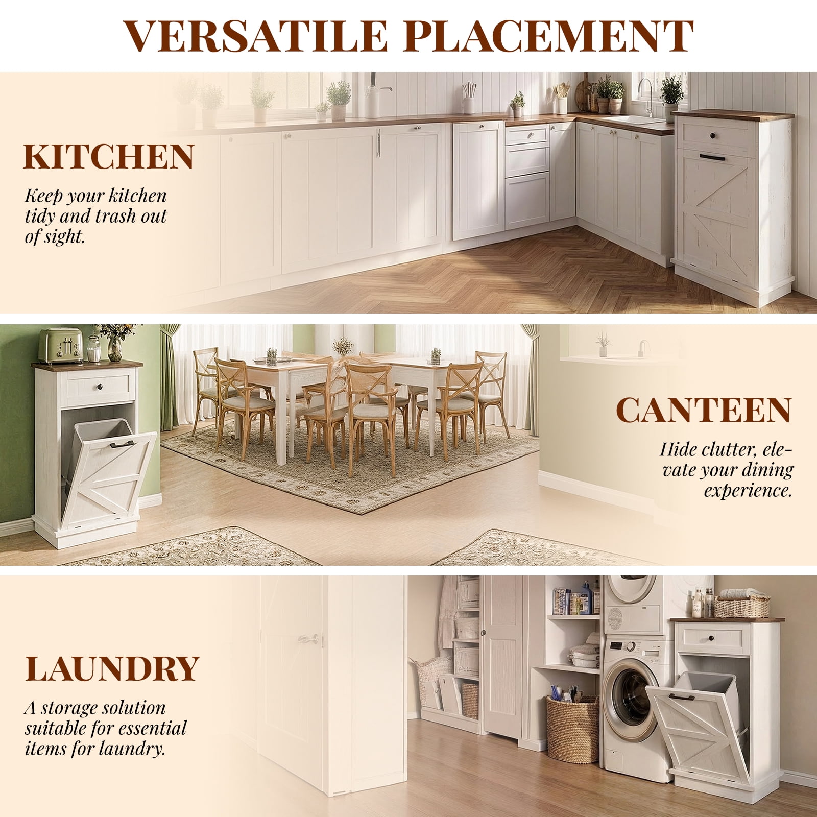 GARITIN Tilt Out Trash Can Cabinet, 10-Gallon Farmhouse Hidden Garbage Cabinet with Drawer, Dog Proof Wooden Trash Storage for Kitchen Laundry Living Room, Brown+White