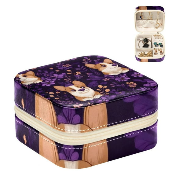 PhooArto Small Jewellery Box, Corgis Purple Flower Pattern Portable Travel Mini Jewelry Case for Women Leather Ring Organizer