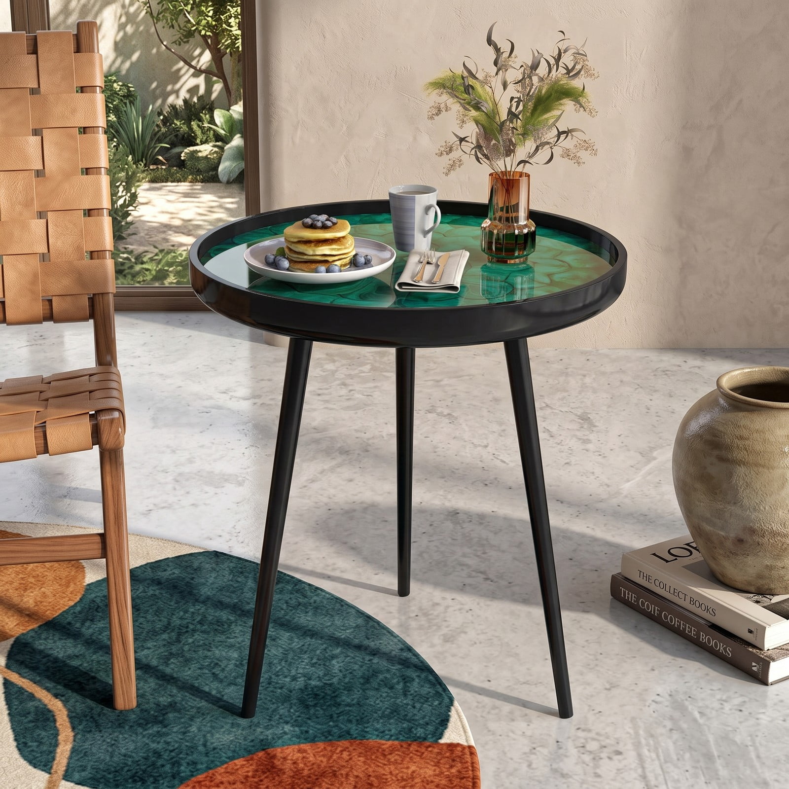 Furnibear 20 Inch Mid-Century Modern End Table, Handmade Sea Shell Side Table with Waterproof Epoxy Resin Tray Top and Solid Mahogany Legs for Living Room, Green