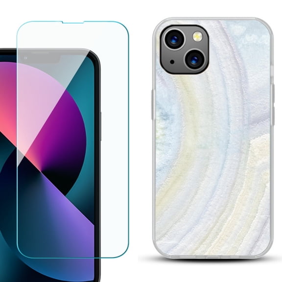 Slim-Fit Gel TPU Phone Case for iPhone 13 Mini, with Tempered Glass Screen Protector, by OneToughShield ® - Marble / Rainbow