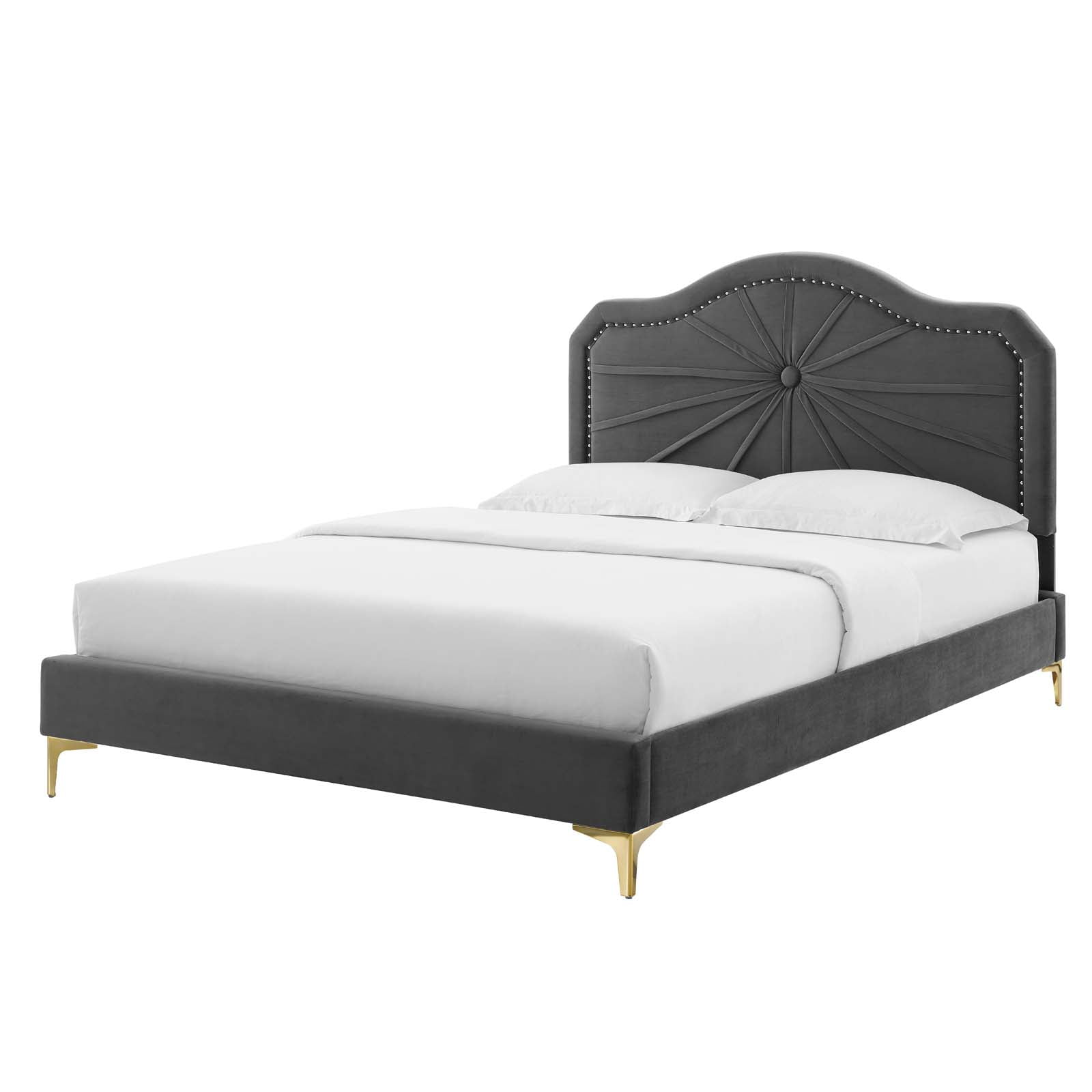 Platform Bed Frame, Queen Size, Velvet, Dark Grey Gray, Modern Contemporary Urban Design