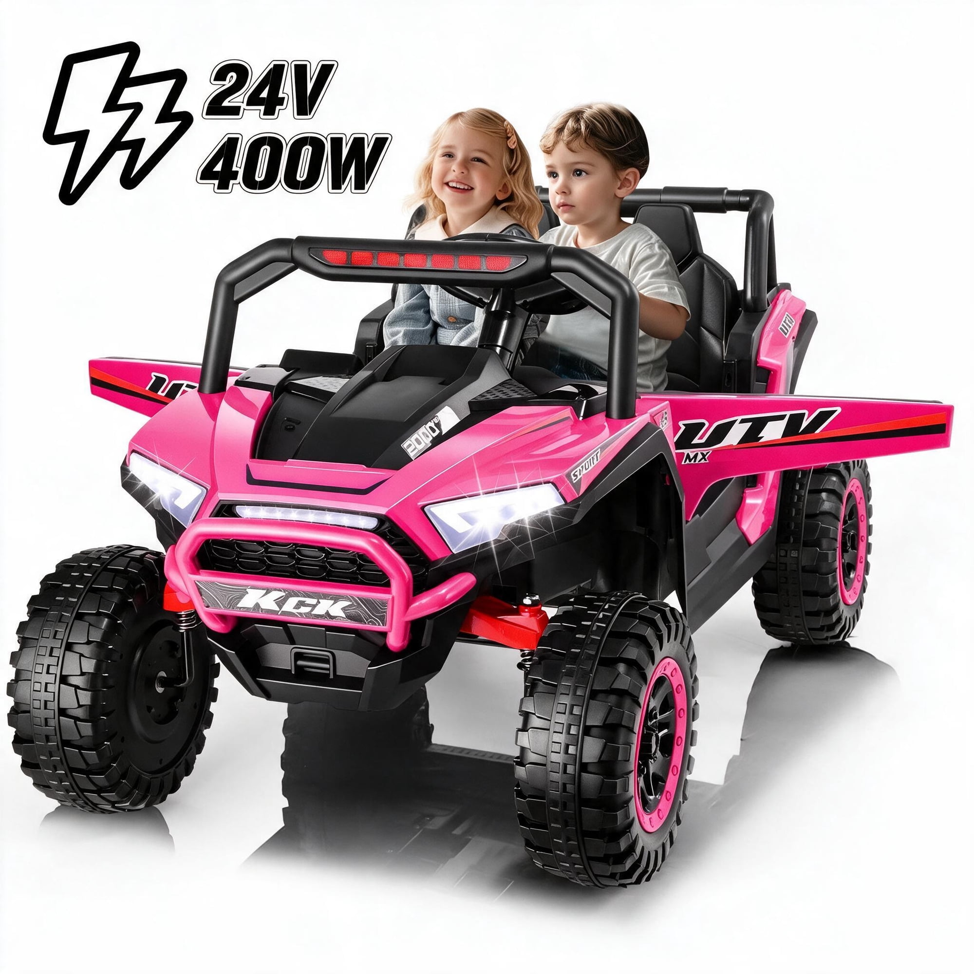24V 2-Seater Ride on Car UTV, 2x200W Powerful Motors Electric Vehicle for Kids, Ride on Toys with Remote Control, Spring Suspension, Bluetooth, LED Lights, Storage Box, Pink