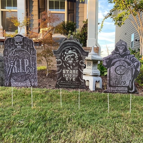 iHomeGarden Halloween Tombstones Outdoor 3 Pack, Large Graveyard Headstone Yard Signs with Stakes, 16 x 11 in