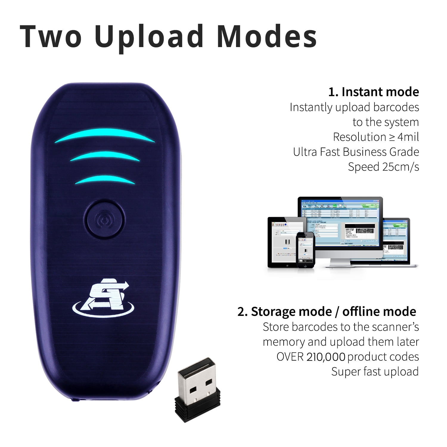 ScanAvenger SA1000 1D Wireless Barcode Scanner - Bluetooth, Wi-Fi, USB, Rechargeable Handheld